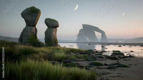 ruins made of light and stone orbiting a digital black hole