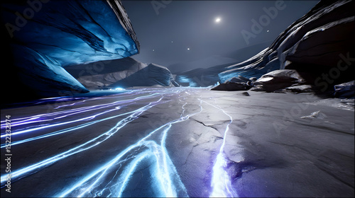 with glowing rivers, fractal rock walls, and floating flora in soft hues