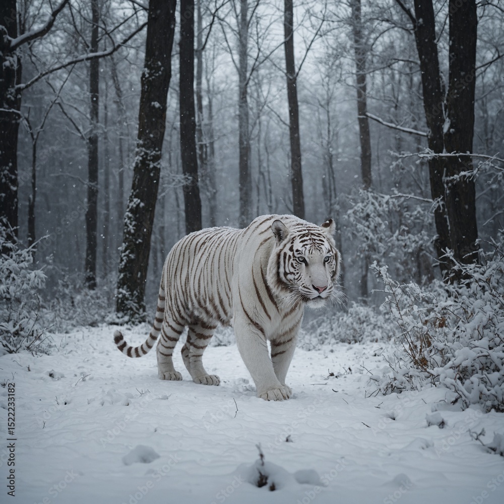 Obraz premium “A white tiger walking through snow-covered forest, snowflakes falling gently around it”