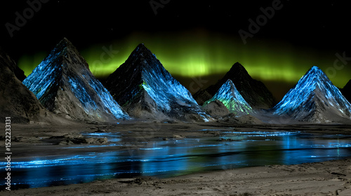 desert with luminous sand dunes, floating pyramids, and color-shifting clouds