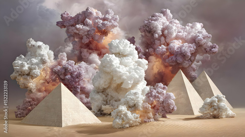 desert with luminous sand dunes, floating pyramids, and color-shifting clouds