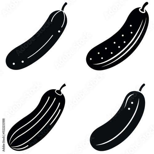 Black and White Illustration of Four Cucumbers with Various Skin Patterns and Designs