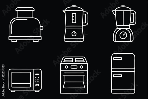 Outline Kitchen Appliance Icon Set   Minimal Line Icons of Toaster, Kettle, Blender, and More