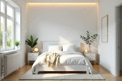 Small, minimalist bedroom with white furniture and simple decor, simple, kids space