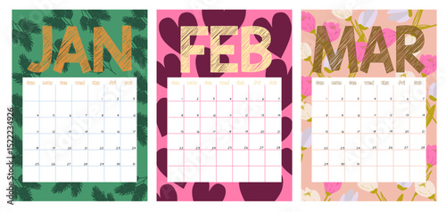 Editable monthly calendar pages for January, February, and March 2026 with seasonal illustrations. Fun hand-drawn layout featuring pine branches, hearts, and floral patterns. Perfect for planners