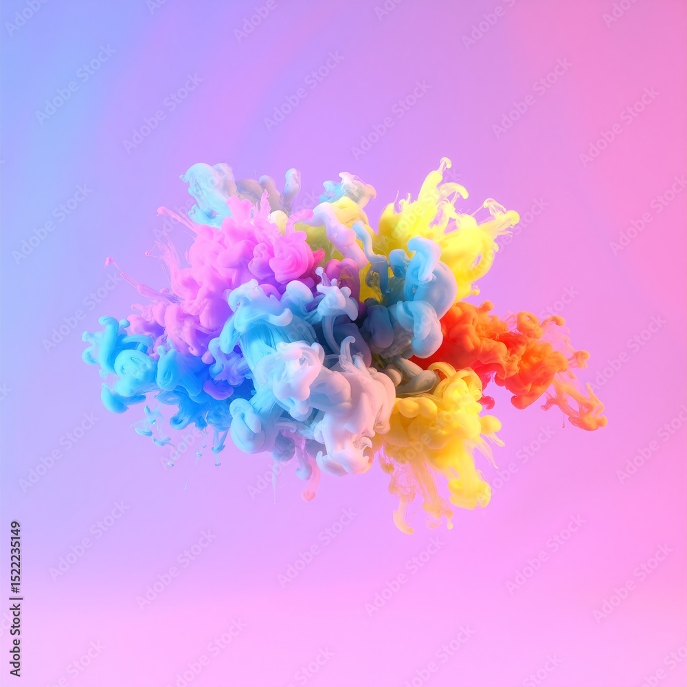 Obraz premium A vibrant, swirling cloud of paint in a spectrum of colors, blending hues of blue, pink, yellow, and green, creating a dynamic and artistic visual effect.