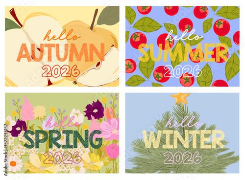 2026 seasonal greeting cards. Hello Spring, Summer, Autumn, and Winter with hand-drawn elements. Great for planners, wall art, or printables. Editable vector