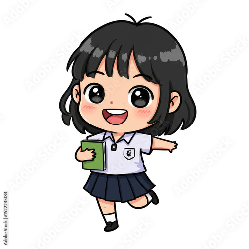 Illustration of Cheerful Schoolgirl with Book in Uniform on Transparent