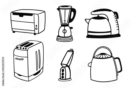 Outline Kitchen Appliance Icon Set   Minimal Line Icons of Toaster, Kettle, Blender, and More