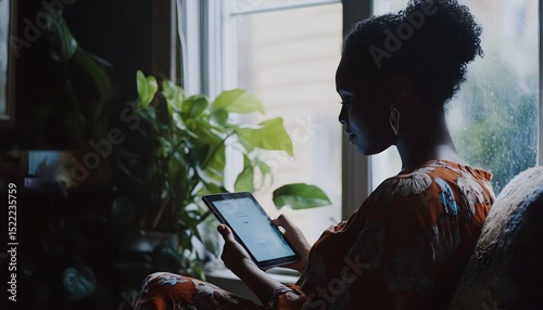 Woman using a tablet computer by a window.