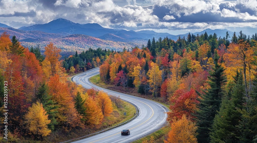 Fototapeta premium A winding road through a forest with autumn foliage, featuring a black car driving down the road.