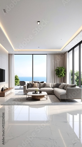 A bright living room featuring elegant white marble flooring, large floor-to-ceiling windows allowing natural light, and modern furnishings for a chic ambiance.