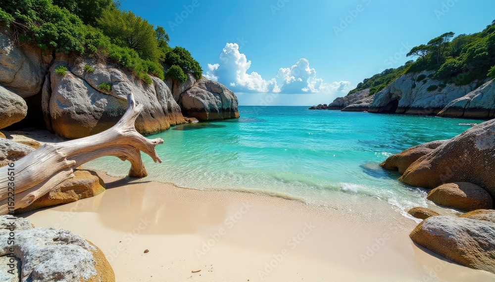 Fototapeta premium Sun-bleached driftwood, weathered rocks on secluded cove , nature, rocks