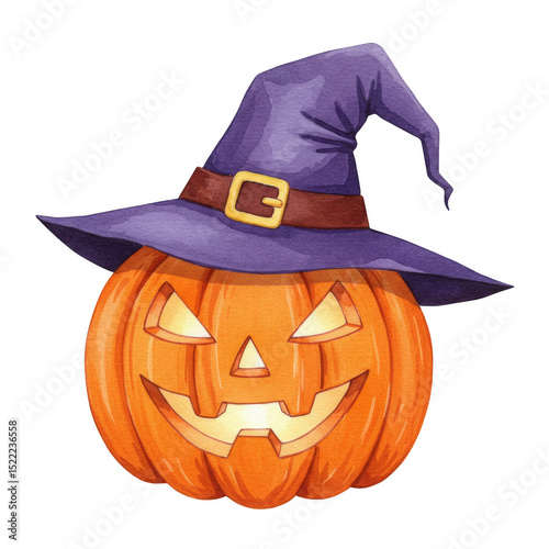 Illustration Halloween Jack O Lantern with Purple Witch Hat Watercolor