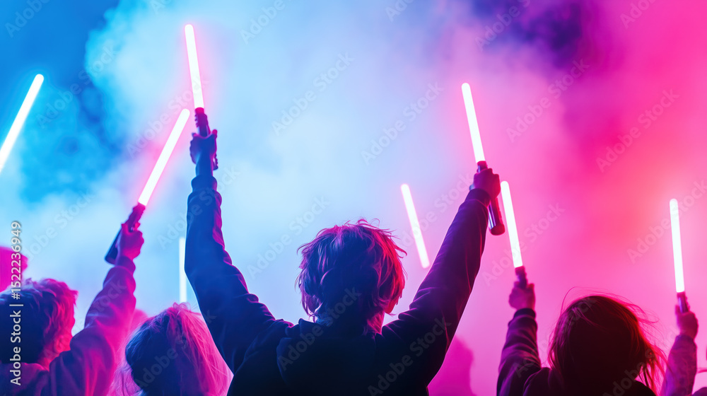 Naklejka premium Large group of fans dressed as characters at a Star Wars themed event in a vibrant atmosphere