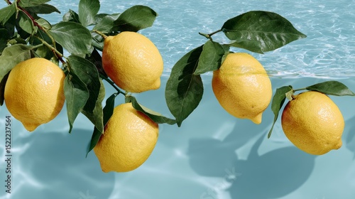 Bunch of lemons hanging from a tree branch. The lemons are yellow and the water is blue