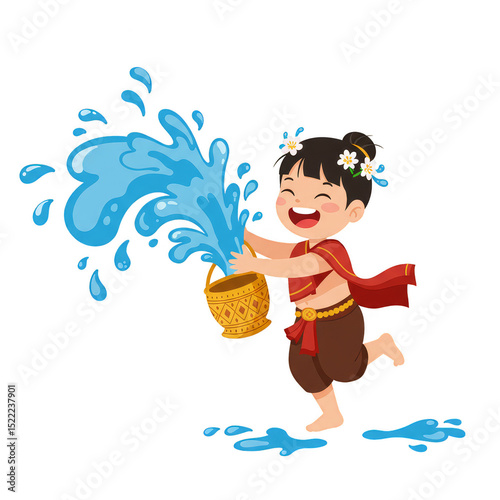 Illustration Of Girl Splashing Water From Bucket Traditional Thai Clothing
