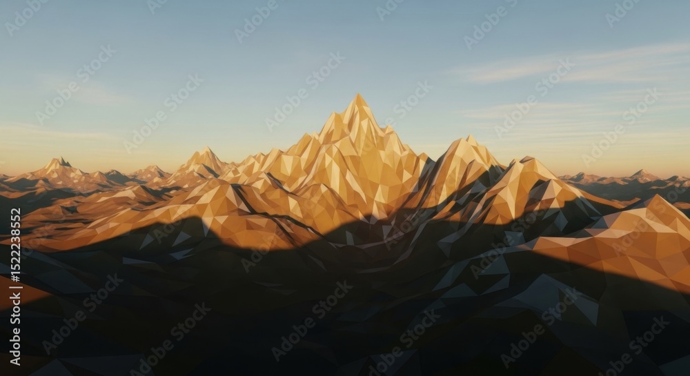 Naklejka premium Mountain Range Digital Art with Warm Light and Low Poly Style
