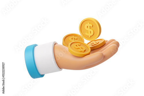 Professional hand offering stack of golden dollar coins with formal blue cuff, isolated on a transparent background