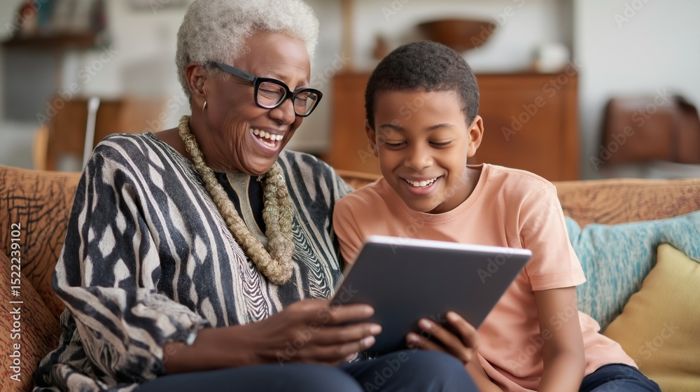 Grandmother and grandson share a joyful moment learning together on a tablet in a sunlit living room filled with warmth and affection Grandmother and grandson share a joyful moment learning together on a tablet in a sunlit living room filled with warmth and affection