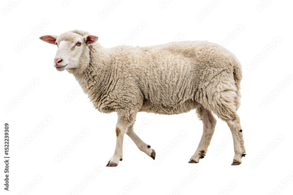 Fototapeta premium White woolly sheep walking forward with thick curly fleece covering body, isolated on a transparent background
