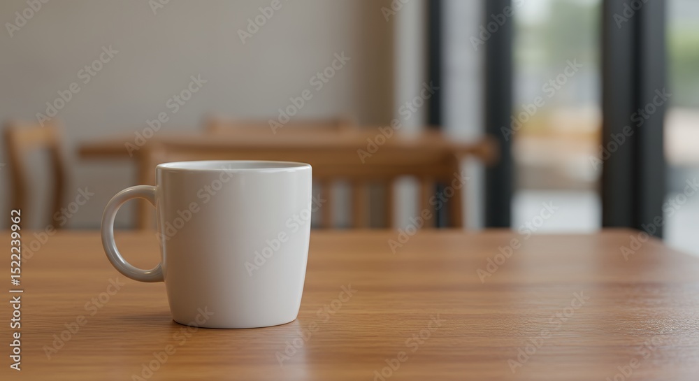 White Mug on Wooden Table in Bright Room Interior White Mug on Wooden Table in Bright Room Interior