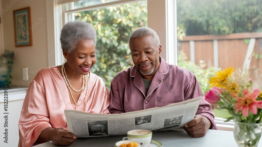 Obraz premium On a tranquil pearl anniversary morning, a couple shares smiles while reading a newspaper in their cozy kitchen, surrounded by fresh flowers and breakfast delights