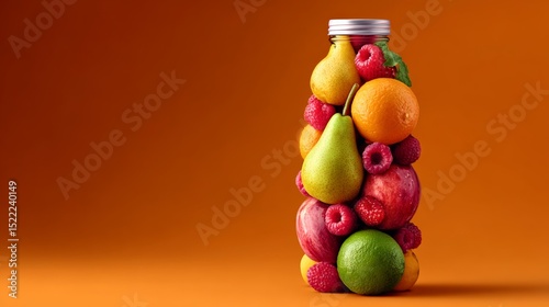 Bottle of fruit is piled on top of itself with a variety of fruits including apples, oranges, and pears