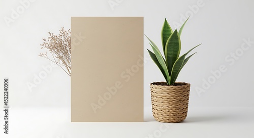 Neutral Beige Mockup Blank Canvas with Potted Plant and Dried Flowers