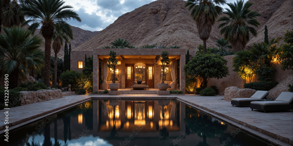 Naklejka premium Mystic Desert Oasis at Twilight A sweeping panoramic view of a hidden desert oasis surrounded by palms and lush greenery