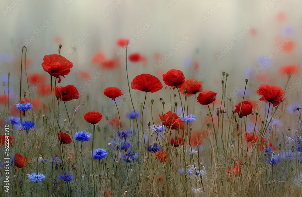 Obraz premium A dreamy wildflower meadow in full bloom, filled with vibrant poppies, cornflowers, and grasses under a soft blue sky, capturing the essence of natural beauty and summer calm.