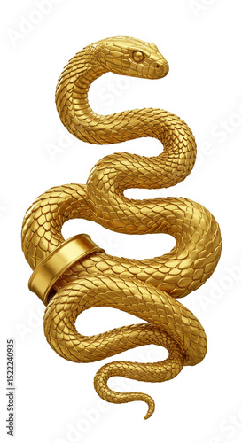 Illustration of a Golden Snake Coiled Around a Ring on Transparent Background