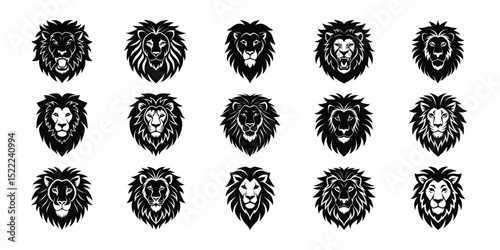 Lion Head Icon Set – Bold Silhouette Vectors for Heraldic, Mascot, and Safari-Themed Designs