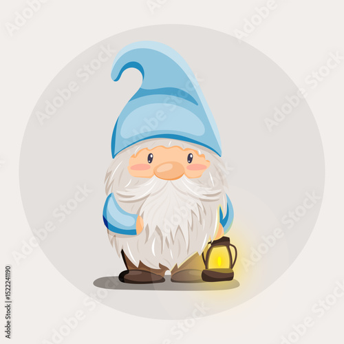 Vector illustration of a cartoon gnome with white beard, blue hat and glowing lantern. Great for kids designs, fairytales, themed stationery, games, packaging and seasonal decor