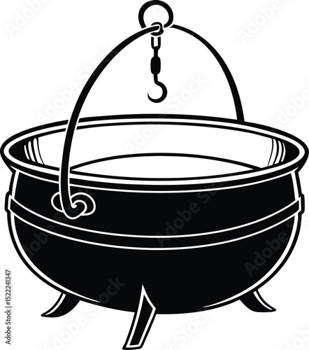Vintage Black and White Line Art of Kettle, Pot, and Cauldron – Retro Metal Cooking Vessel Illustration