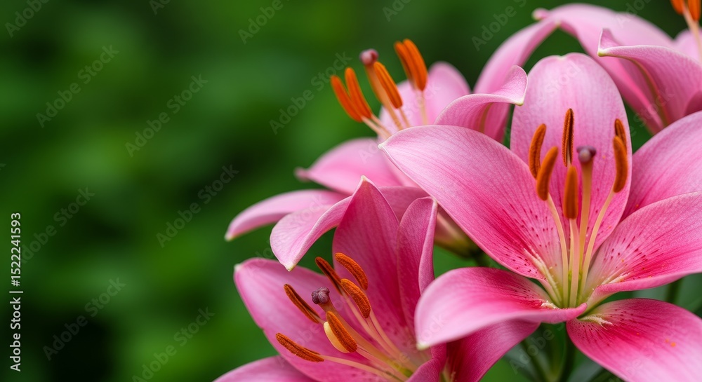 Fototapeta premium Blooming Pink Lilies with Green Background Close-up