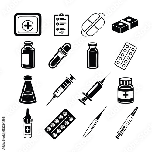 Editable Glyph Icons of Drug Delivery and Pharmacy Items – Solid Black Medical Symbols Featuring Syringes, Liquid Medication, Pills, Creams, and Respiratory Devices