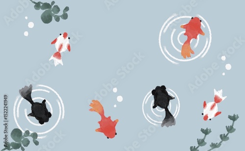 涼しげに泳ぐ金魚の背景イラスト（水彩風）

