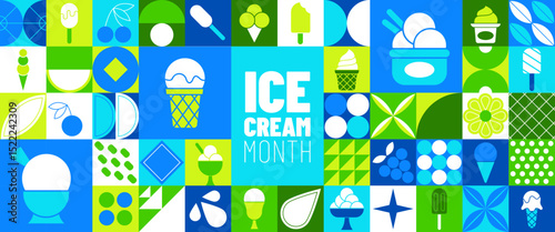 Ice cream icon. Geometric summer dessert. Sweet food background. Abstract pattern ornament in colorful squares mosaic. Minimalist logo. Waffle cone with delicious balls. Vector graphic garish poster