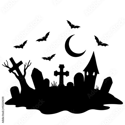 Spooky silhouette of haunted graveyard with bats, Halloween spirit