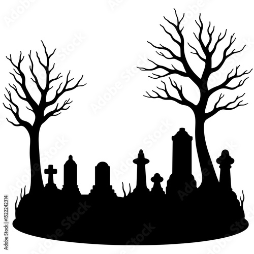 Eerie silhouette of tombstones and bare trees, spooky graveyard