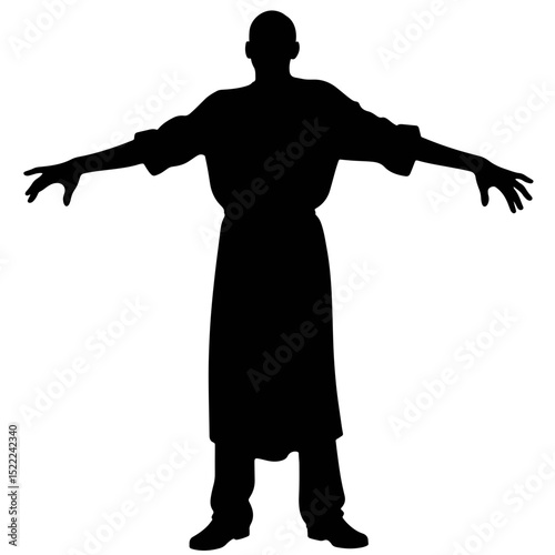 Zombie silhouette with outstretched arms on white background, horror concept