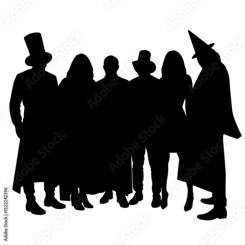 Silhouette of people in costumes at a party, Halloween celebration