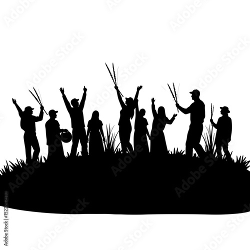 People celebrating harvest festival with crops, joyful silhouettes