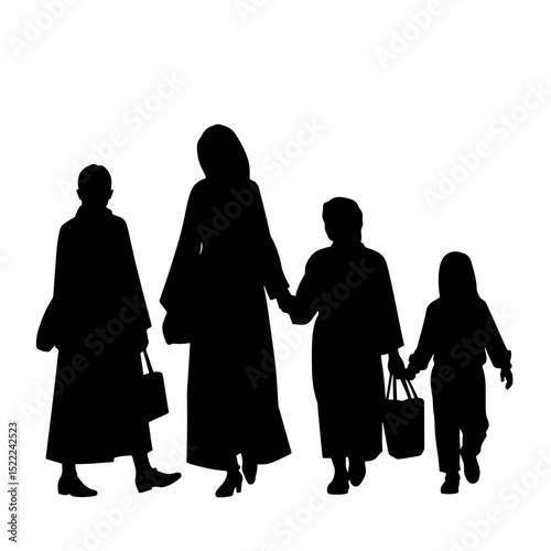 Pilgrim family silhouette walking with belongings, unity and journey