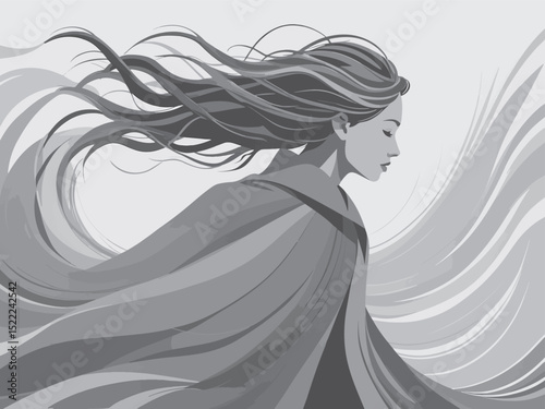 Flat Minimalist Vector Illustration of a Person Facing Strong Wind in Blue-Grey Palette