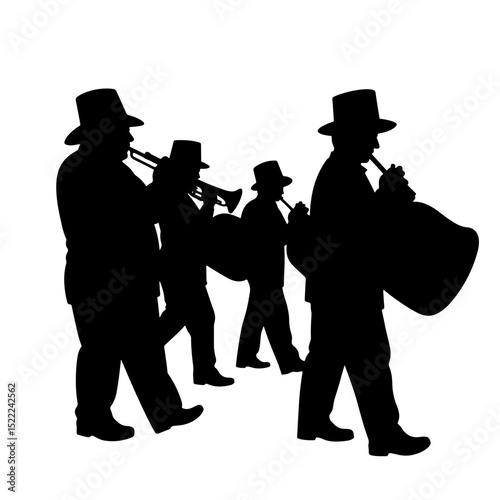 Silhouette of a marching band in Thanksgiving parade, festive celebration