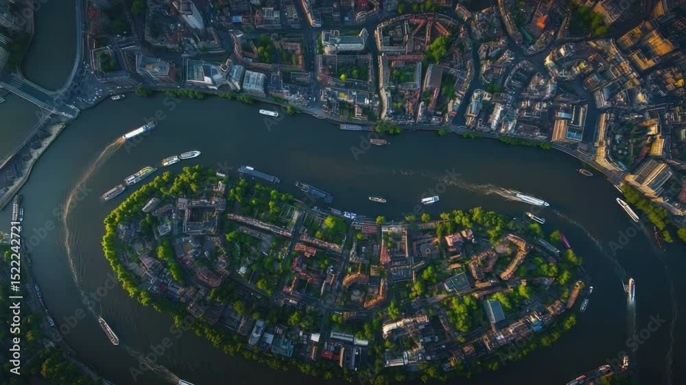 Cityscape River Aerial View: Witness a vibrant cityscape interwoven with a flowing river, with boats traversing and verdant islands.