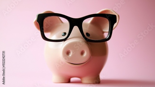 A pink piggy bank with glasses on a pink background.