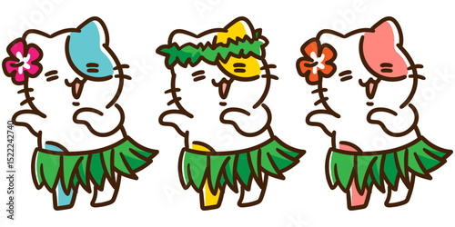 フラダンスをするかわいいねこ達のキャラクターのデフォルメイラストセット